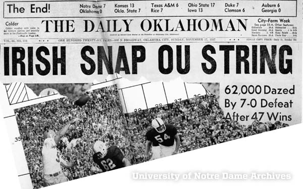 1957 Notre Dame - Oklahoma headline
